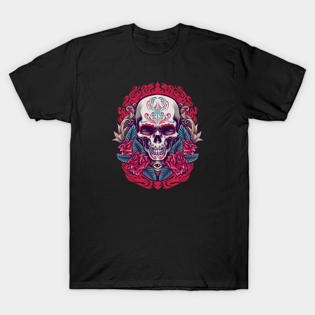 Cool Day of the Dead Sugar Skull with Roses T-Shirt by SLAG_Creative